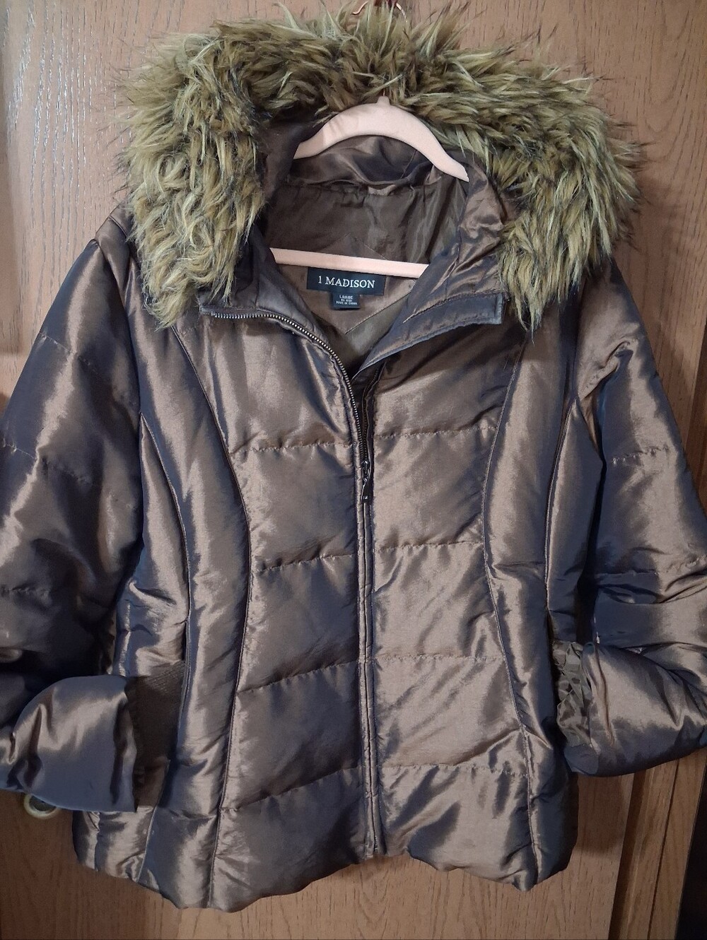 Madison Brown Hooded Puffer Jacket with Faux Fur Trim
